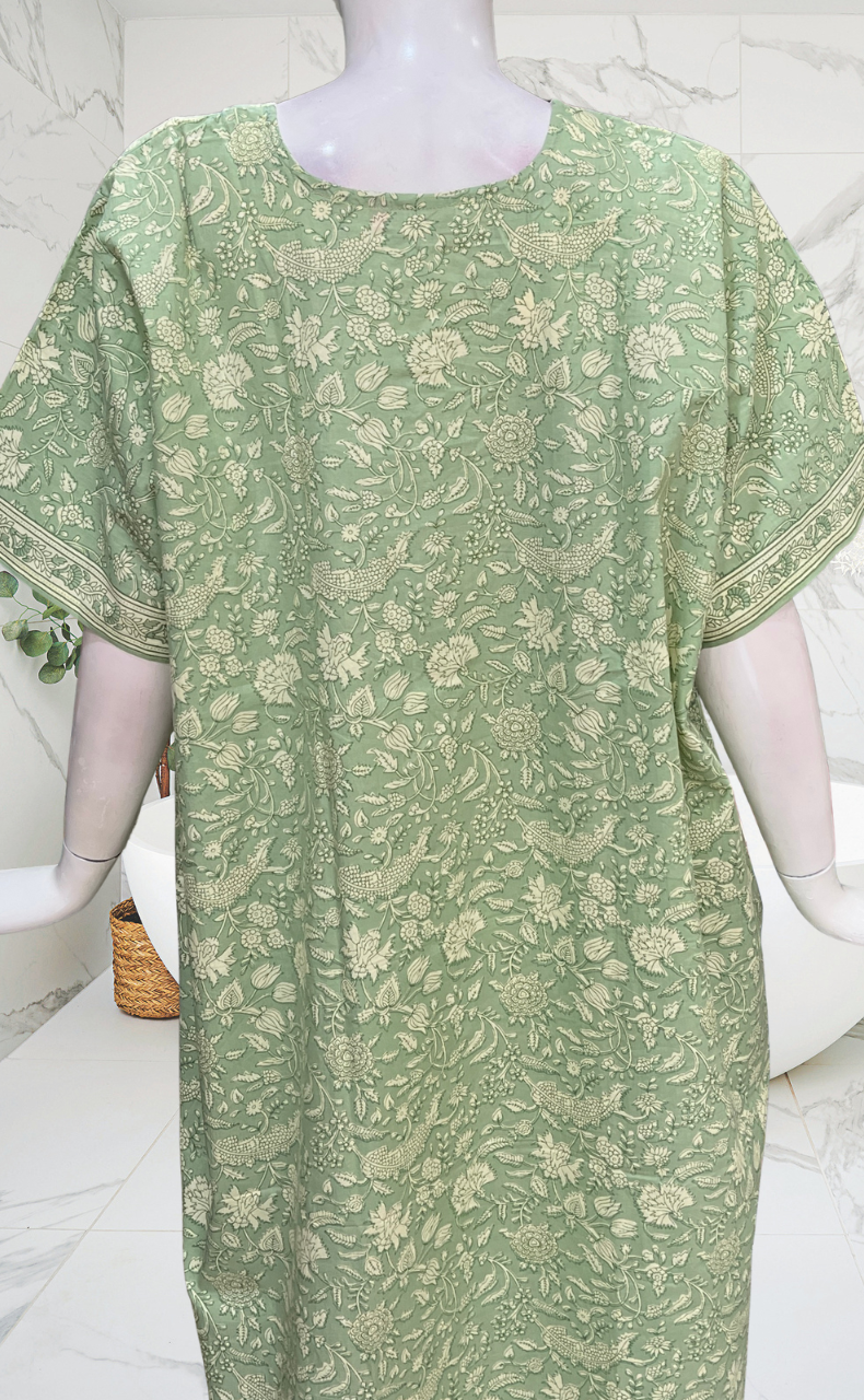 Pista Green Garden Pure Cotton Nighty. Pure Durable Cotton | Laces and Frills
