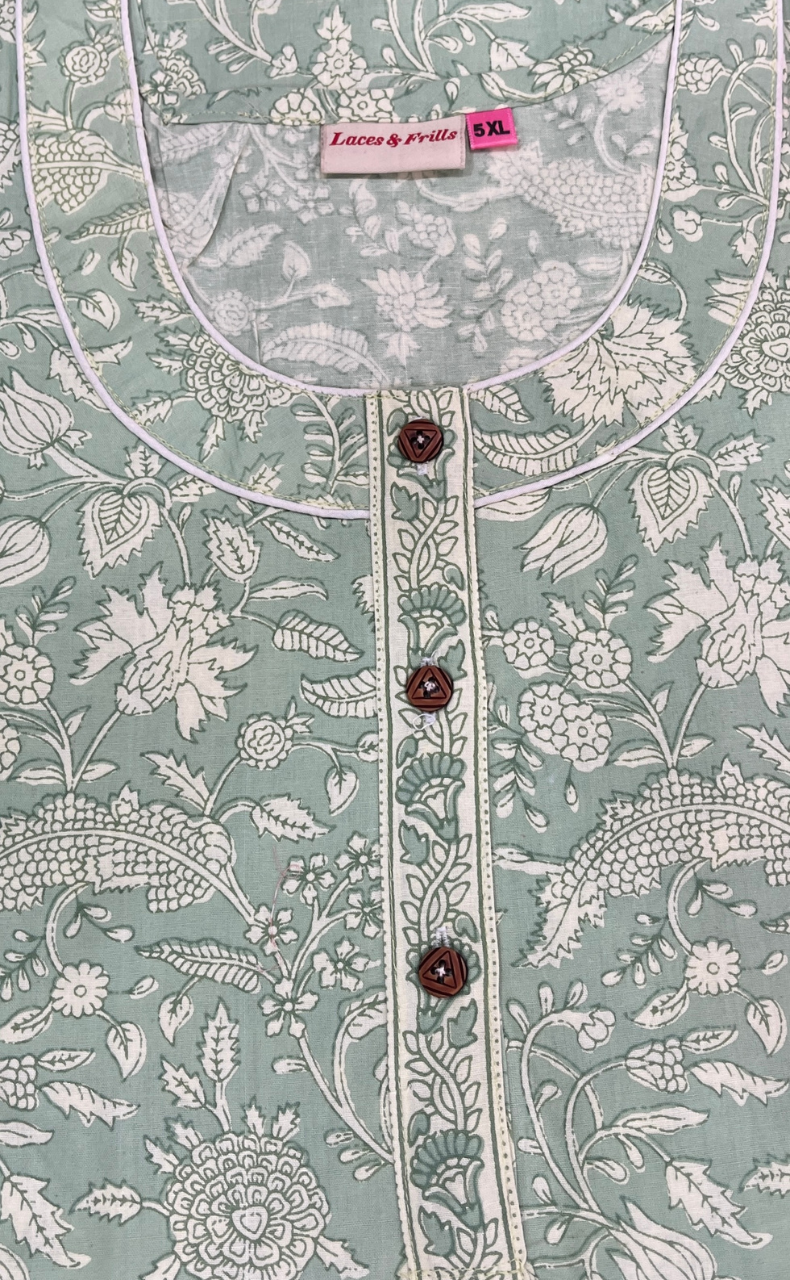 Pista Green Garden Pure Cotton Nighty. Pure Durable Cotton | Laces and Frills