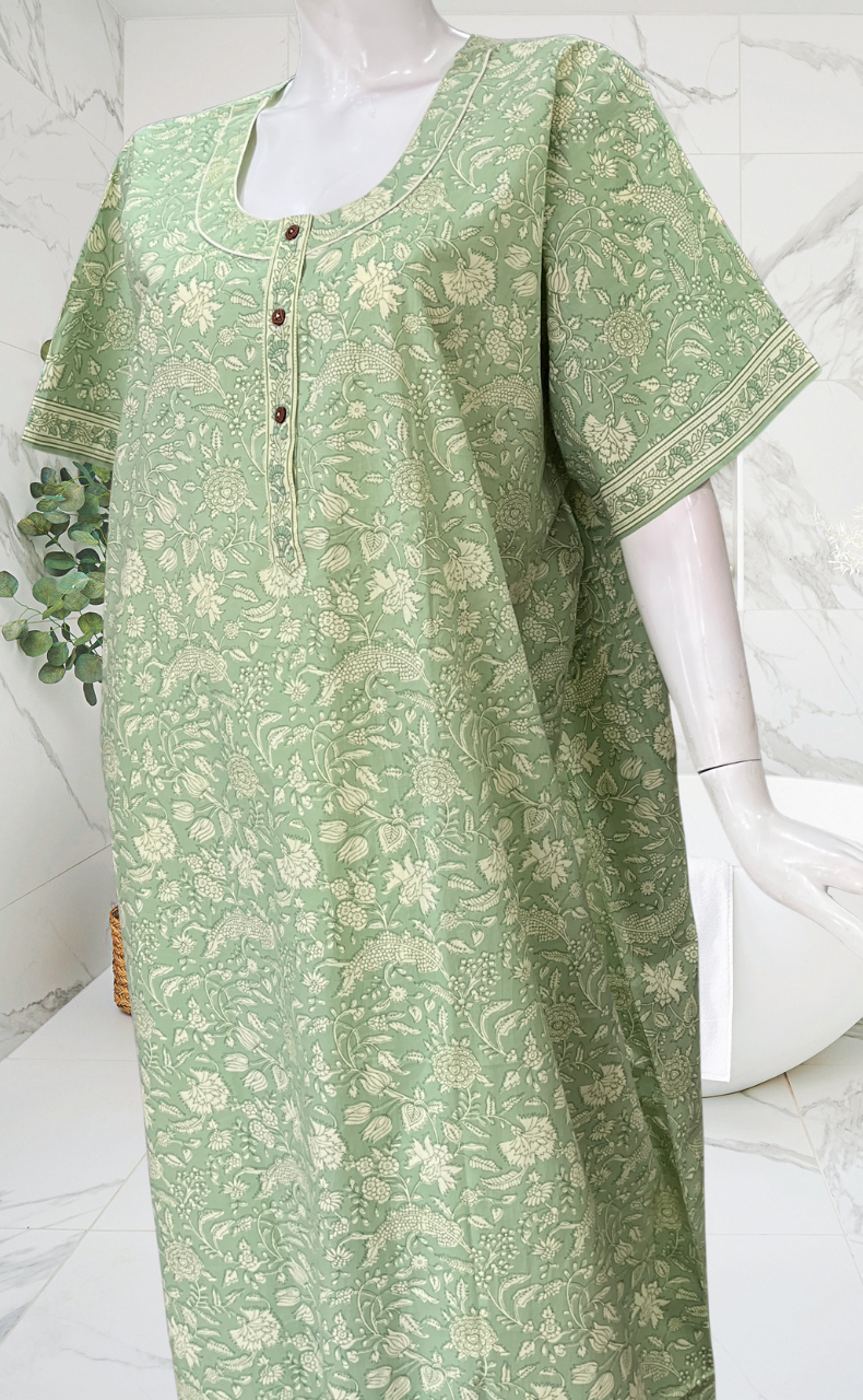Pista Green Garden Pure Cotton Nighty. Pure Durable Cotton | Laces and Frills