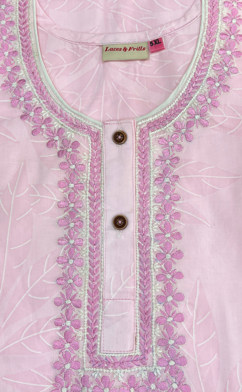 Pink Leafy Soft Cotton Nighty. Soft Breathable Fabric | Laces and Frills