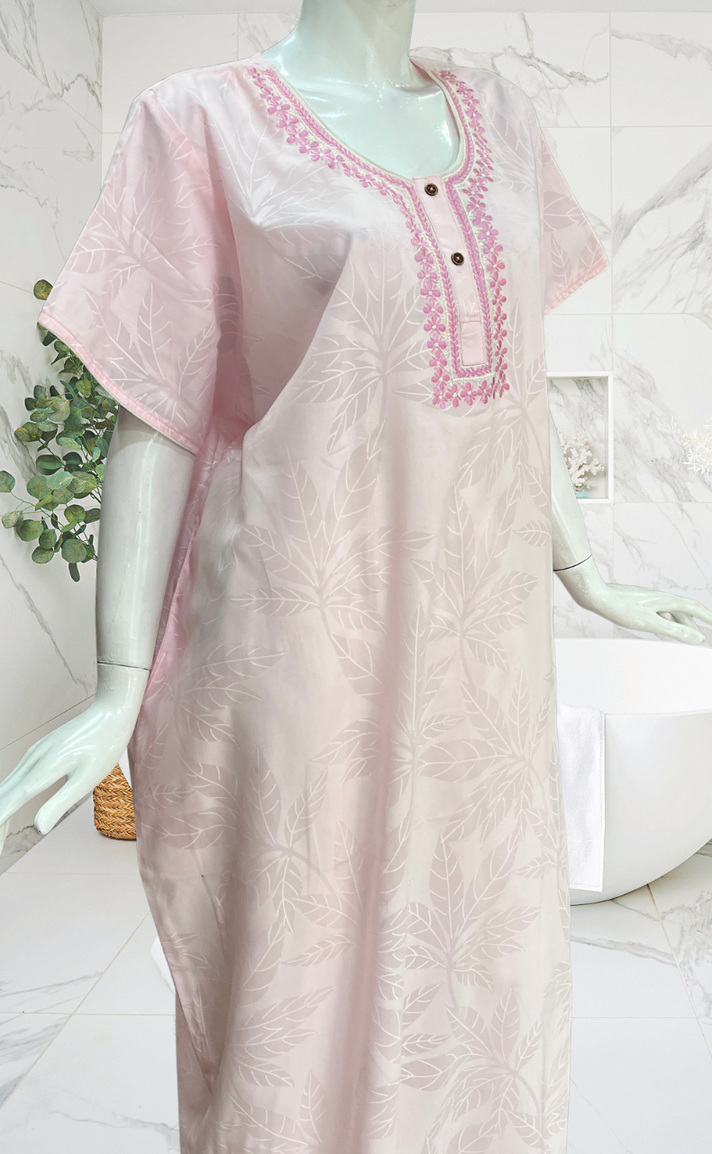 Pink Leafy Soft Cotton Nighty. Soft Breathable Fabric | Laces and Frills