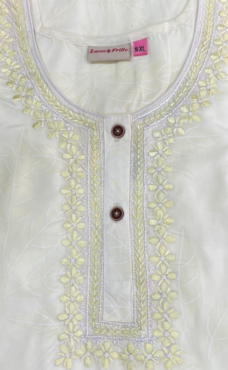 Light Yellow Leafy Soft Cotton Nighty. Soft Breathable Fabric | Laces and Frills