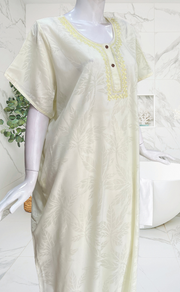 Light Yellow Leafy Soft Cotton Nighty. Soft Breathable Fabric | Laces and Frills