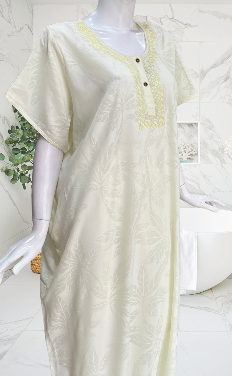 Light Yellow Leafy Soft Cotton Nighty. Soft Breathable Fabric | Laces and Frills