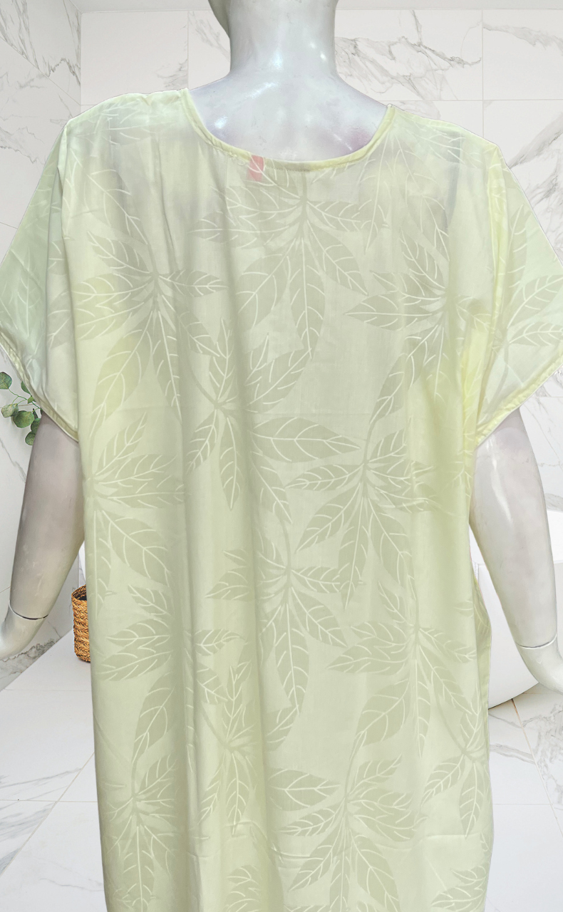 Light Yellow Leafy Soft Cotton Nighty. Soft Breathable Fabric | Laces and Frills