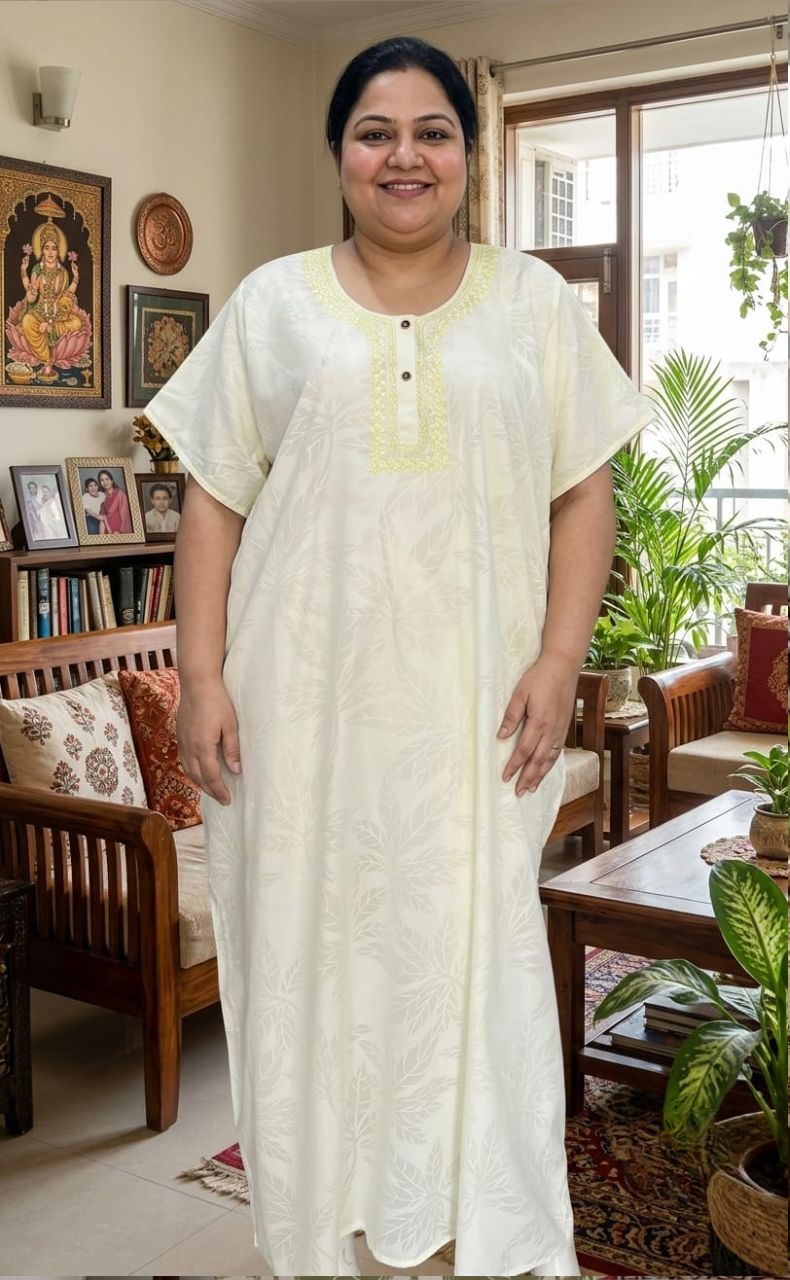 Light Yellow Leafy Soft Cotton Nighty. Soft Breathable Fabric | Laces and Frills