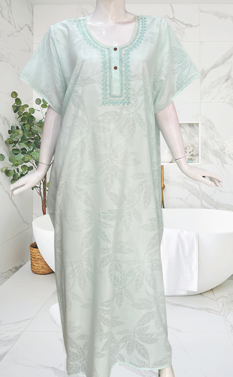 Sea Green Leafy Soft Cotton Nighty. Soft Breathable Fabric | Laces and Frills