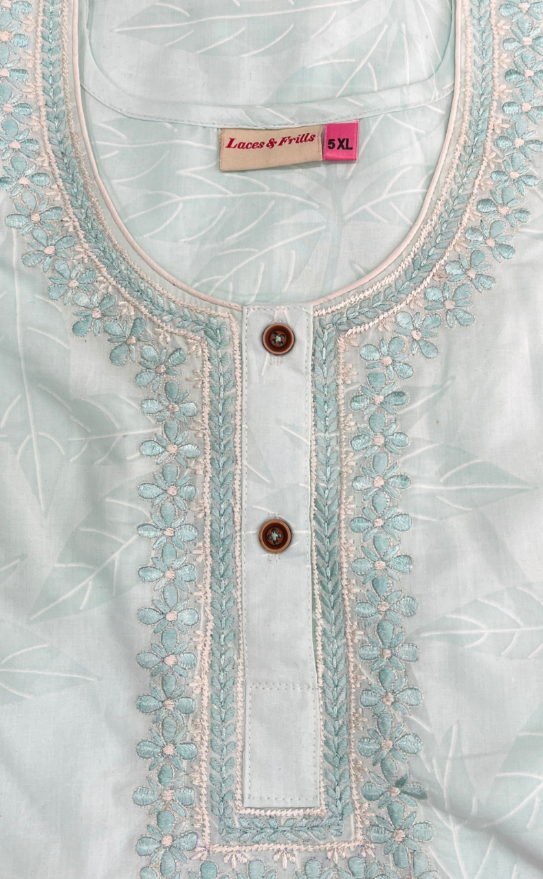 Sea Green Leafy Soft Cotton Nighty. Soft Breathable Fabric | Laces and Frills