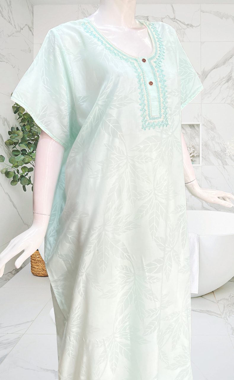 Sea Green Leafy Soft Cotton Nighty. Soft Breathable Fabric | Laces and Frills