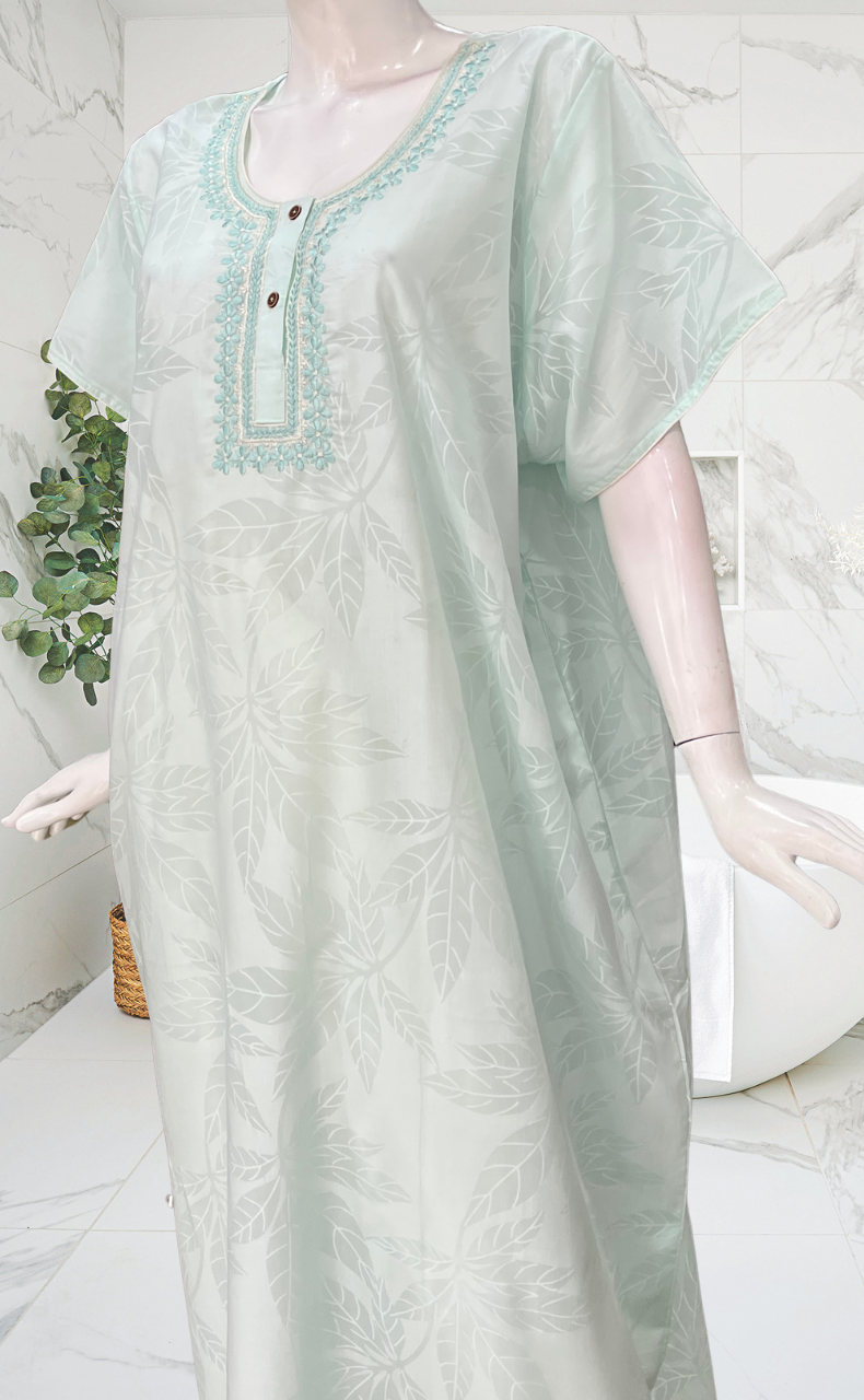 Sea Green Leafy Soft Cotton Nighty. Soft Breathable Fabric | Laces and Frills