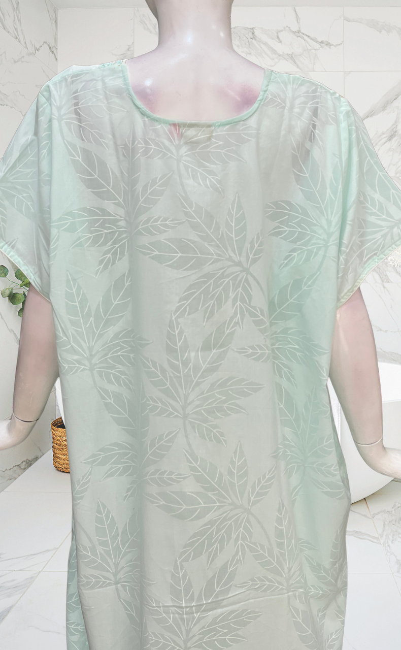 Sea Green Leafy Soft Cotton Nighty. Soft Breathable Fabric | Laces and Frills