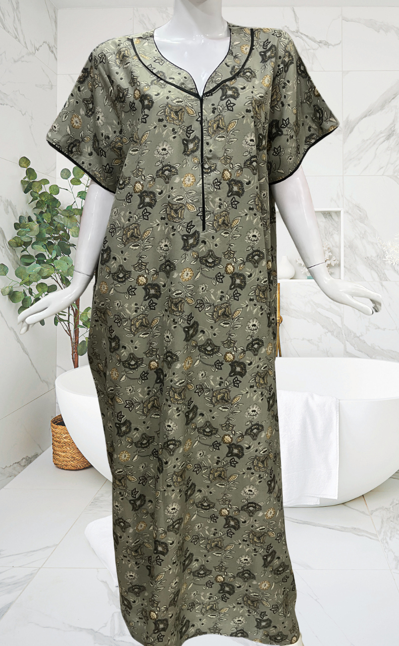 Pista Green Floral Spun Nighty. Flowy Spun Fabric | Laces and Frills