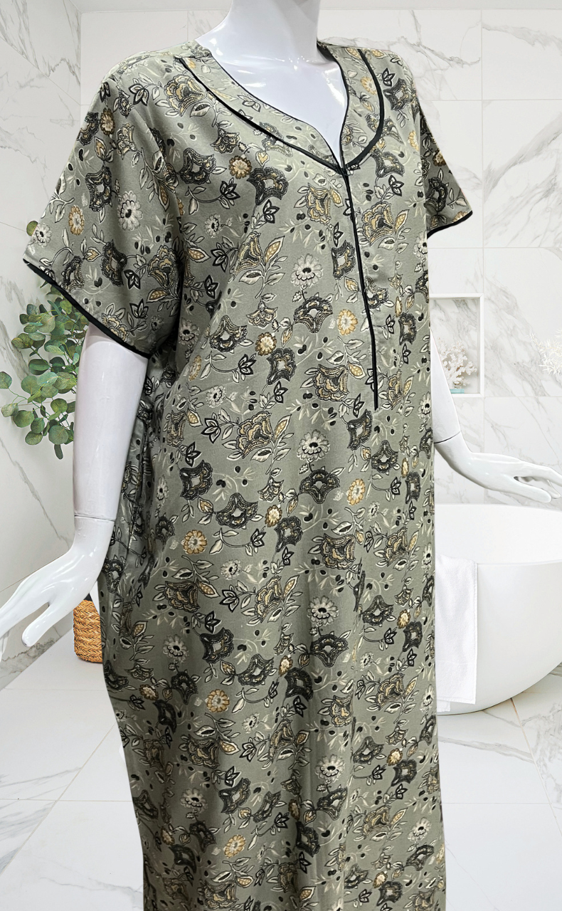 Pista Green Floral Spun Nighty. Flowy Spun Fabric | Laces and Frills