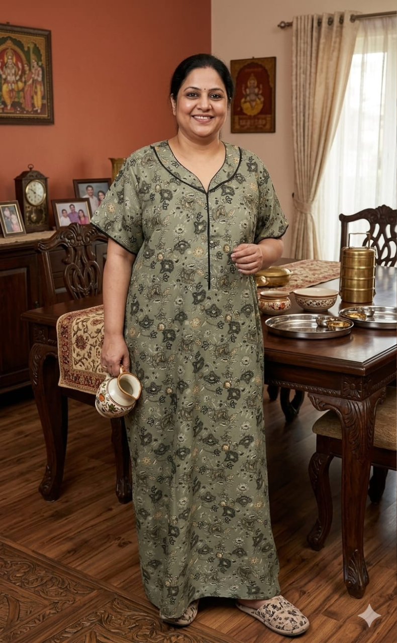 Pista Green Floral Spun Nighty. Flowy Spun Fabric | Laces and Frills - Laces and Frills