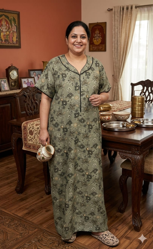 Pista Green Floral Spun Nighty. Flowy Spun Fabric | Laces and Frills - Laces and Frills