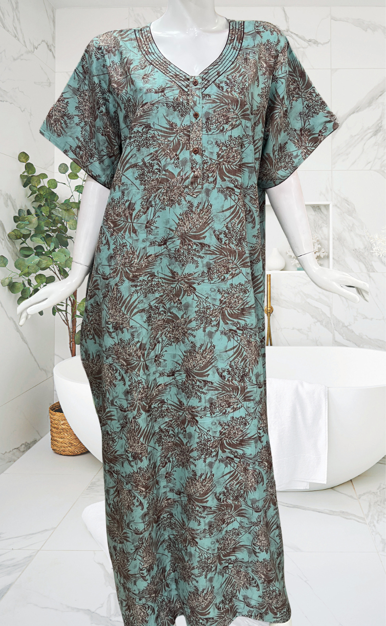 Sea Green Leafy Spun Nighty. Flowy Spun Fabric | Laces and Frills