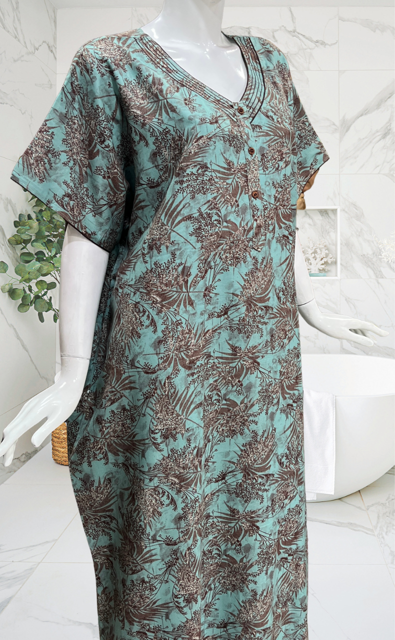 Sea Green Leafy Spun Nighty. Flowy Spun Fabric | Laces and Frills