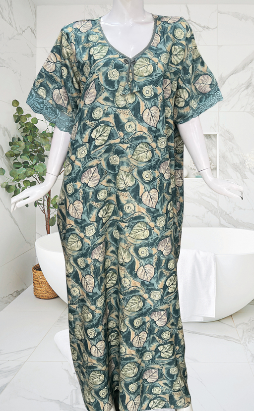 Sea Green Leafy Spun Nighty. Flowy Spun Fabric | Laces and Frills