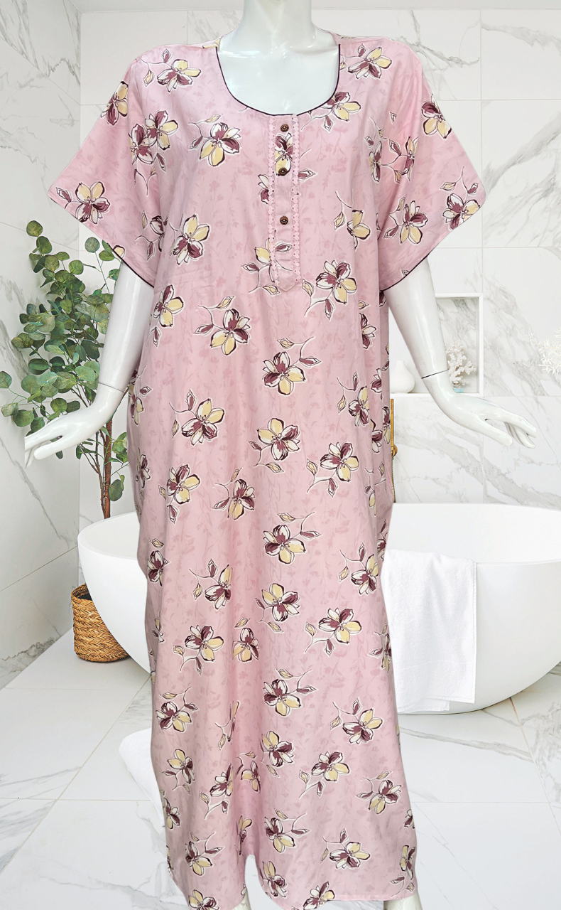 Baby Pink Floral Spun Nighty. Flowy Spun Fabric | Laces and Frills