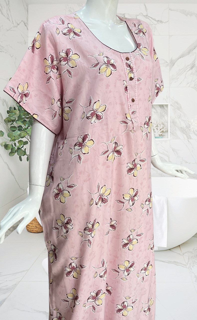 Baby Pink Floral Spun Nighty. Flowy Spun Fabric | Laces and Frills