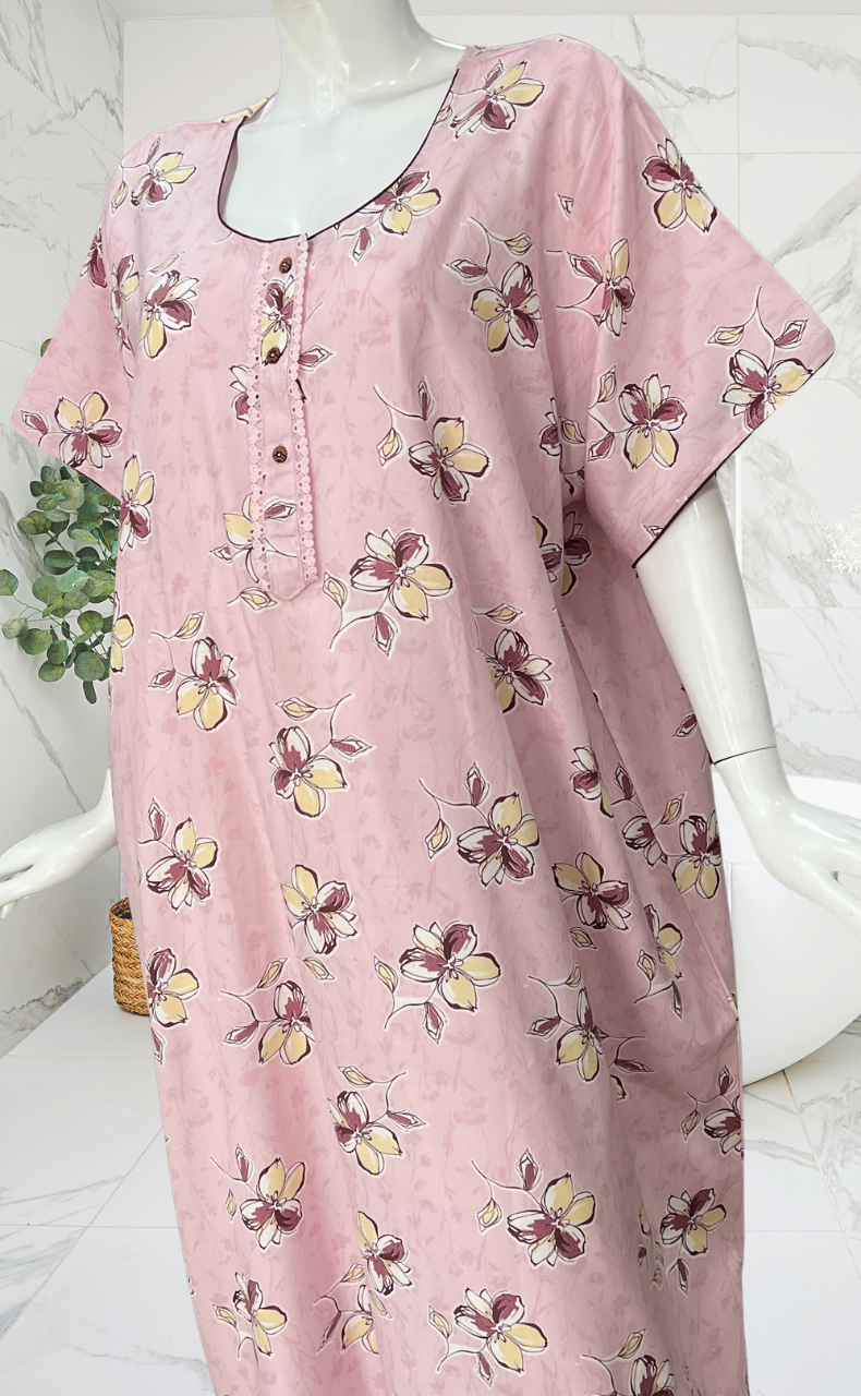 Baby Pink Floral Spun Nighty. Flowy Spun Fabric | Laces and Frills