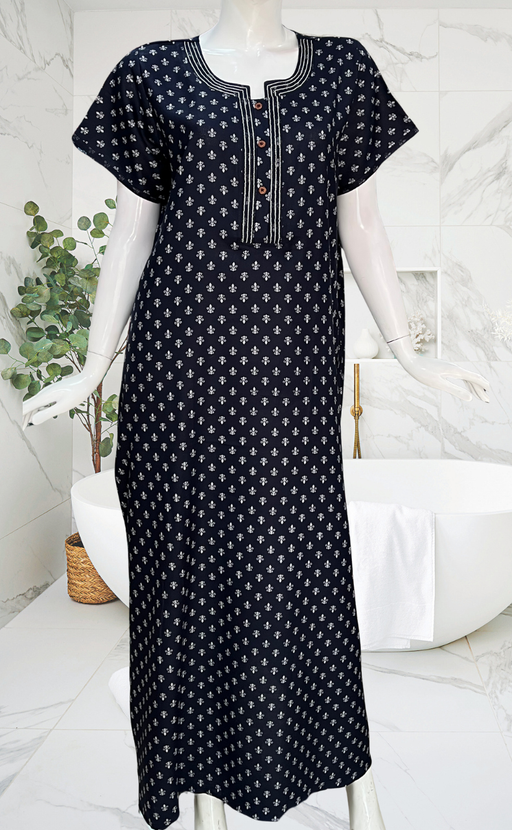 Navy Blue Tiny Floral Spun Nighty. Flowy Spun Fabric | Laces and Frills