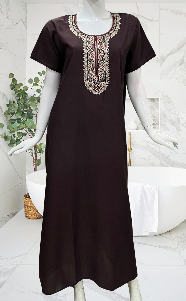 Brown Embroidery Soft Cotton Nighty. Soft Breathable Fabric | Laces and Frills