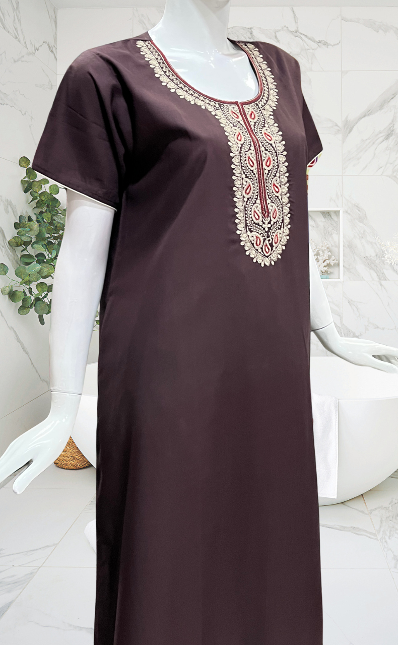Brown Embroidery Soft Cotton Nighty. Soft Breathable Fabric | Laces and Frills
