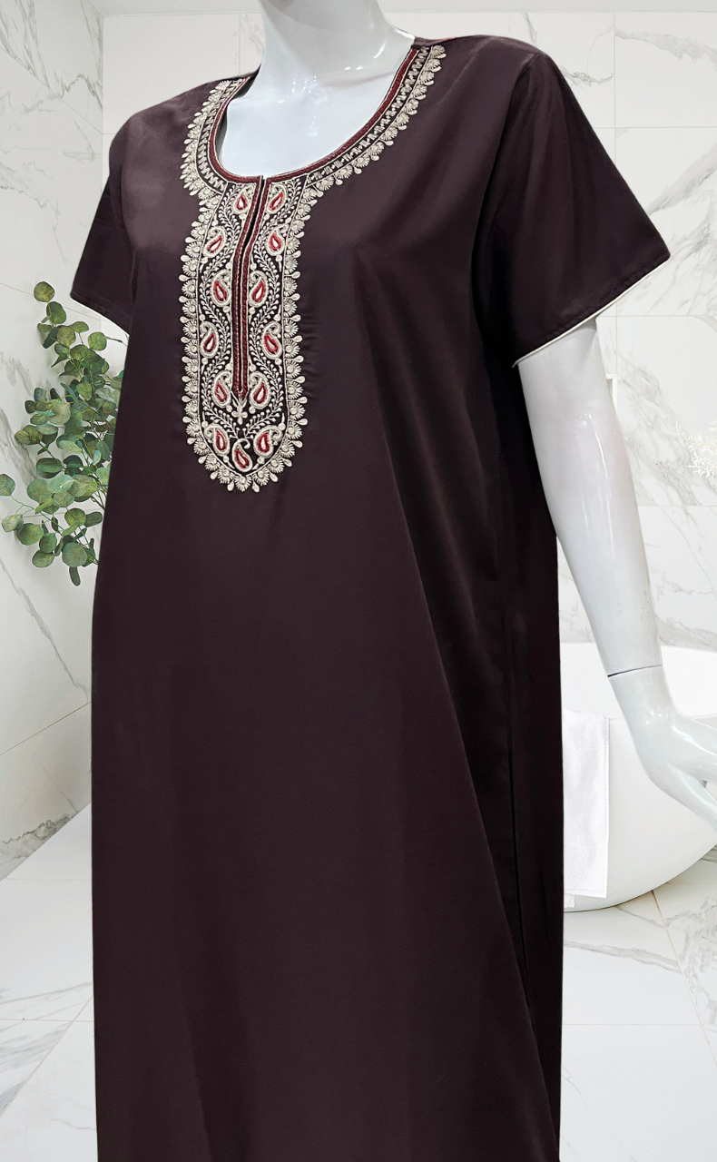Brown Embroidery Soft Cotton Nighty. Soft Breathable Fabric | Laces and Frills