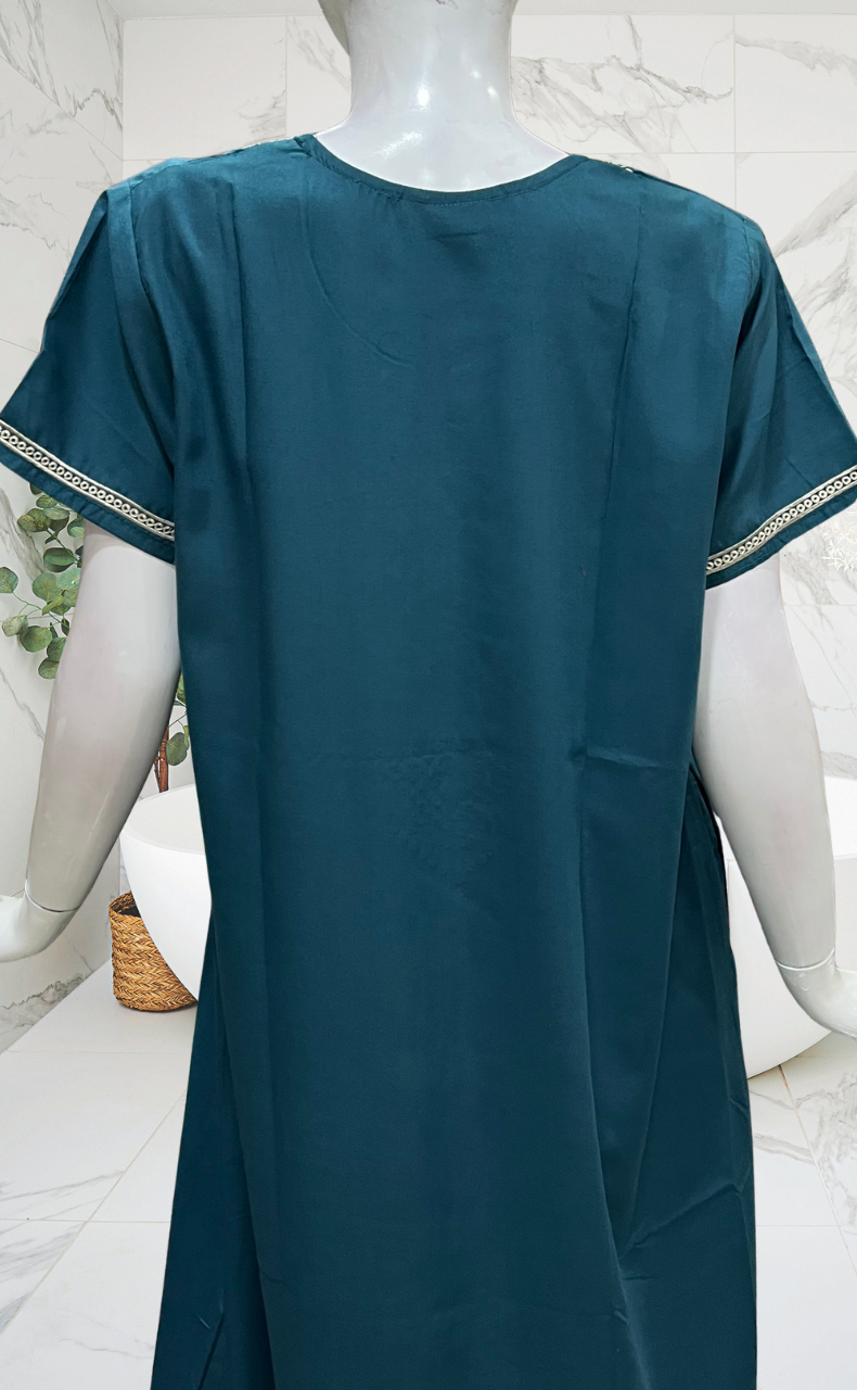 Teal Blue Embroidery Soft Cotton Nighty. Soft Breathable Fabric | Laces and Frills
