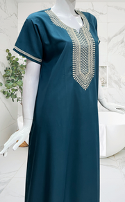 Teal Blue Embroidery Soft Cotton Nighty. Soft Breathable Fabric | Laces and Frills