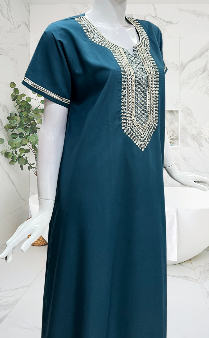 Teal Blue Embroidery Soft Cotton Nighty. Soft Breathable Fabric | Laces and Frills