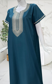 Teal Blue Embroidery Soft Cotton Nighty. Soft Breathable Fabric | Laces and Frills