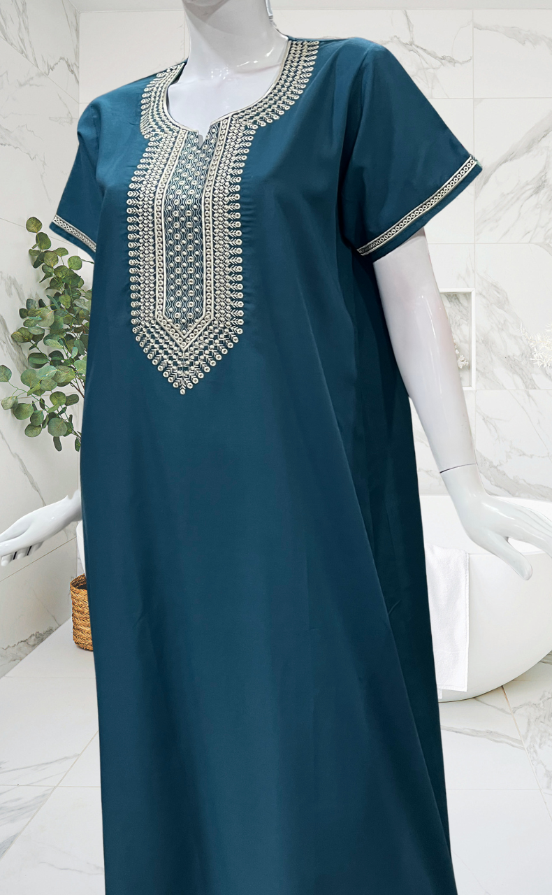 Teal Blue Embroidery Soft Cotton Nighty. Soft Breathable Fabric | Laces and Frills