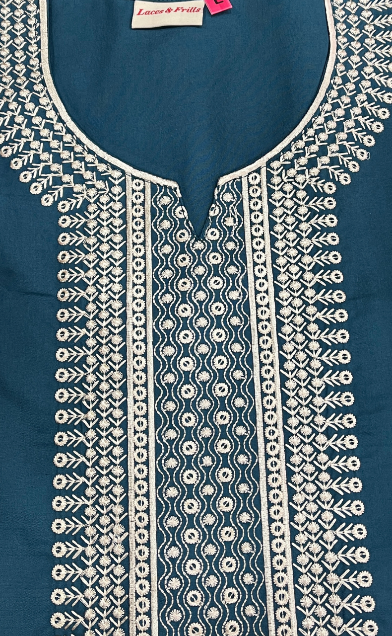 Teal Blue Embroidery Soft Cotton Nighty. Soft Breathable Fabric | Laces and Frills