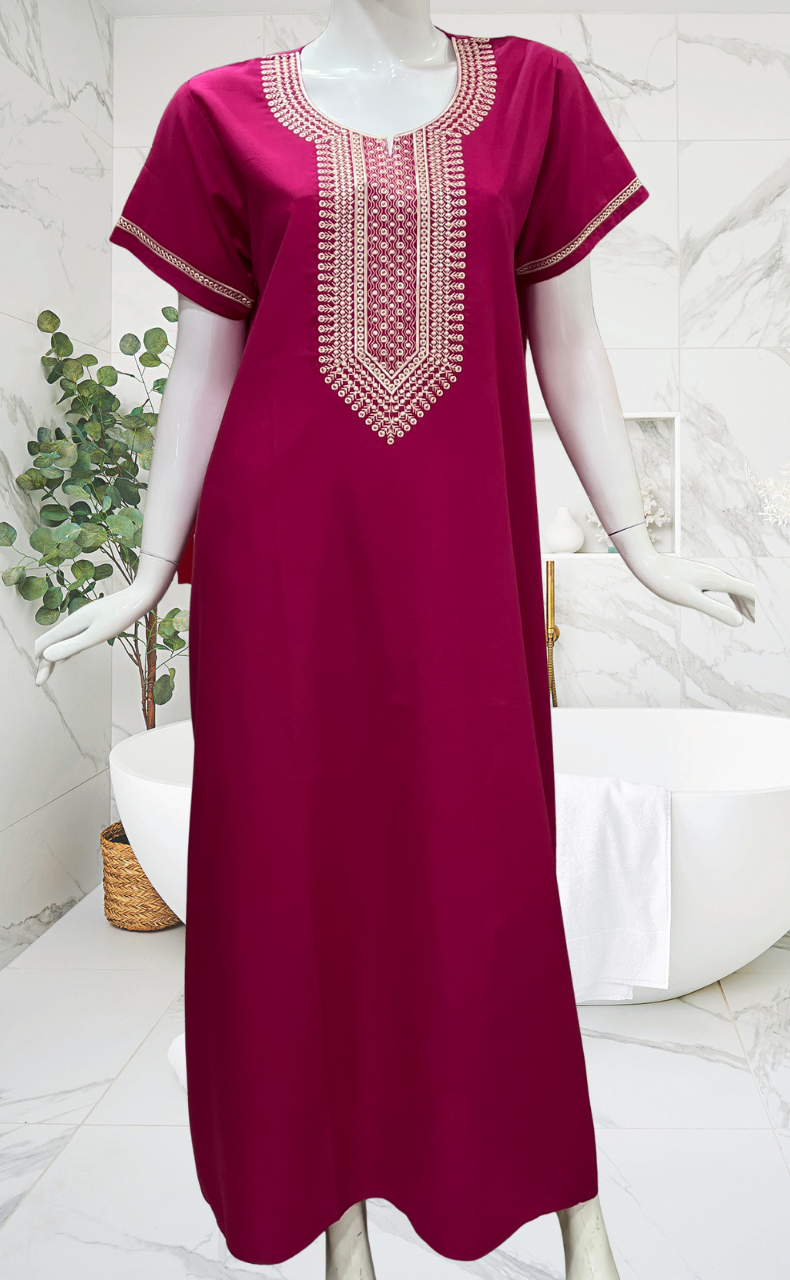 Rani Pink Embroidery Soft Cotton Nighty. Soft Breathable Fabric | Laces and Frills