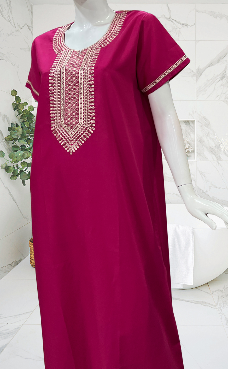 Rani Pink Embroidery Soft Cotton Nighty. Soft Breathable Fabric | Laces and Frills