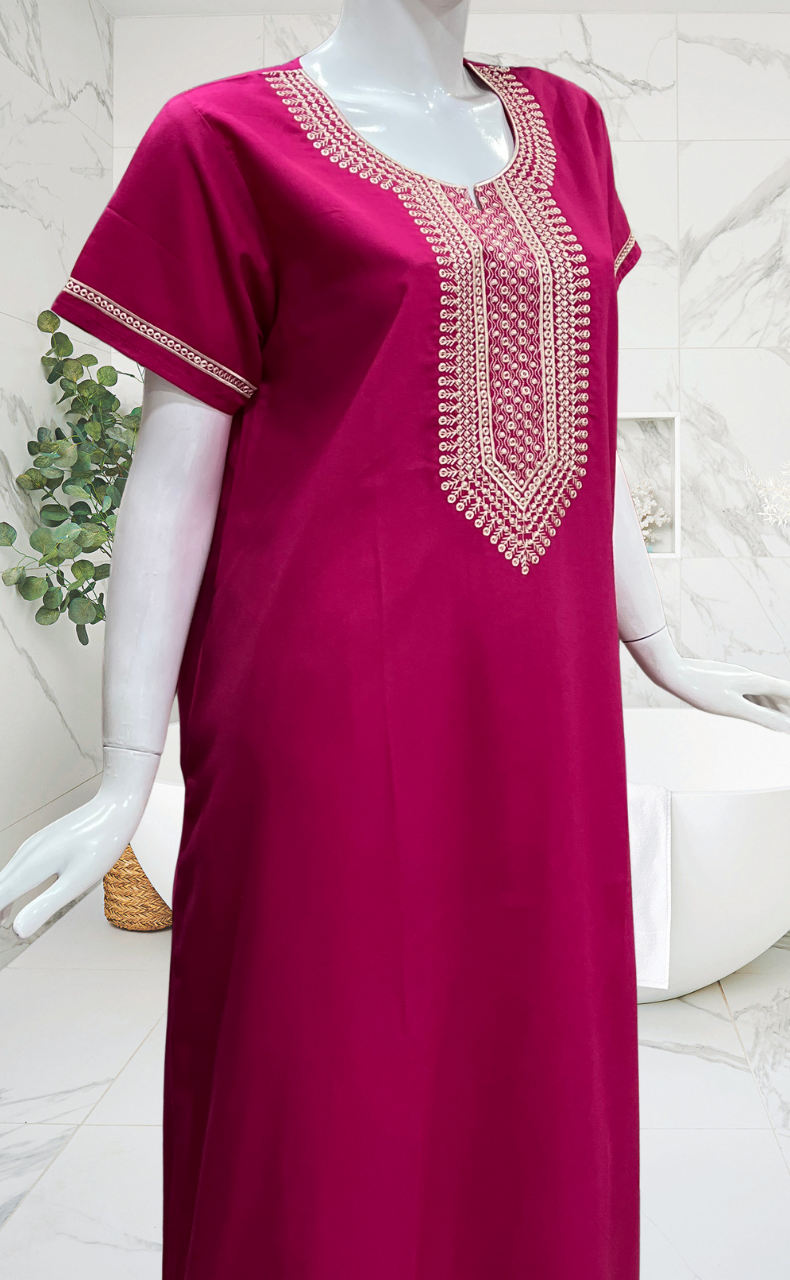 Rani Pink Embroidery Soft Cotton Nighty. Soft Breathable Fabric | Laces and Frills