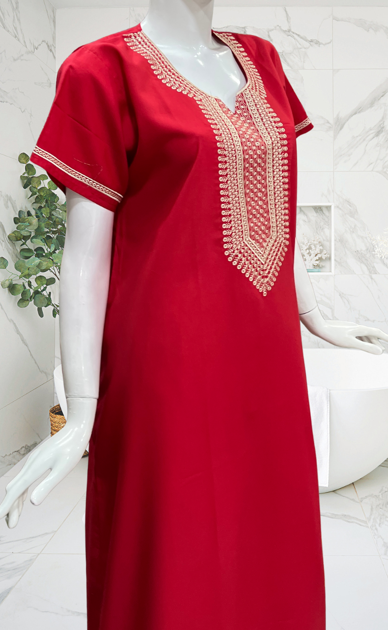 Red Embroidery Soft Cotton Nighty. Soft Breathable Fabric | Laces and Frills