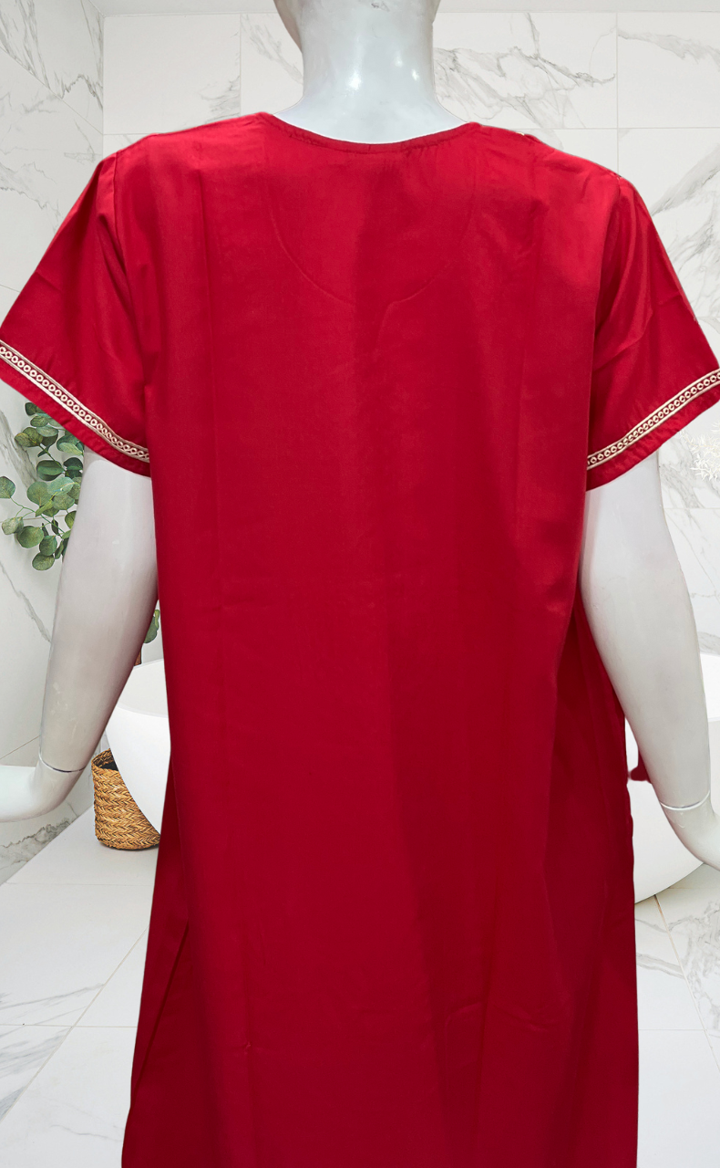 Red Embroidery Soft Cotton Nighty. Soft Breathable Fabric | Laces and Frills