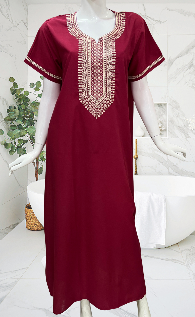 Maroon Embroidery Soft Cotton Nighty. Soft Breathable Fabric | Laces and Frills
