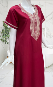Maroon Embroidery Soft Cotton Nighty. Soft Breathable Fabric | Laces and Frills