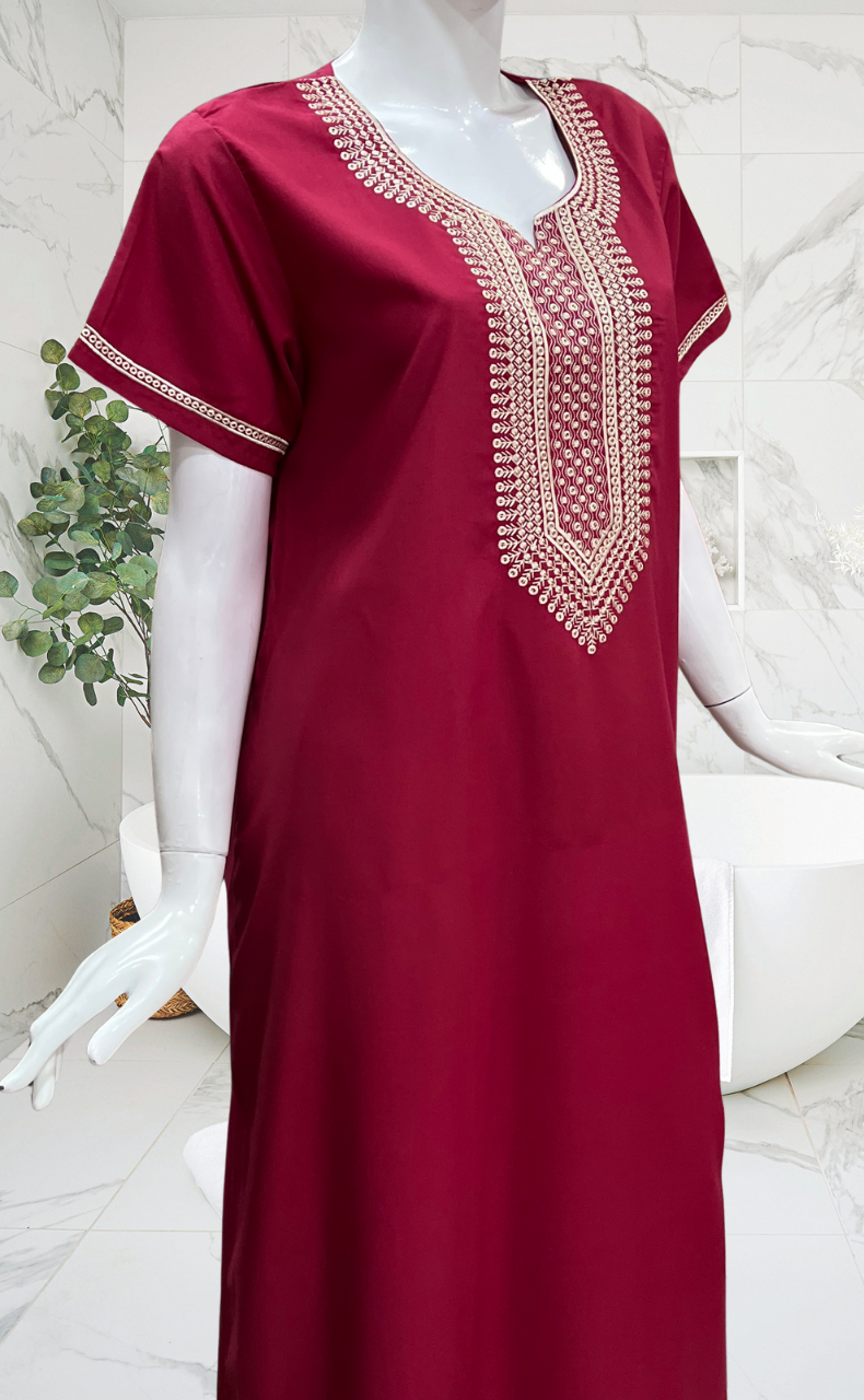 Maroon Embroidery Soft Cotton Nighty. Soft Breathable Fabric | Laces and Frills