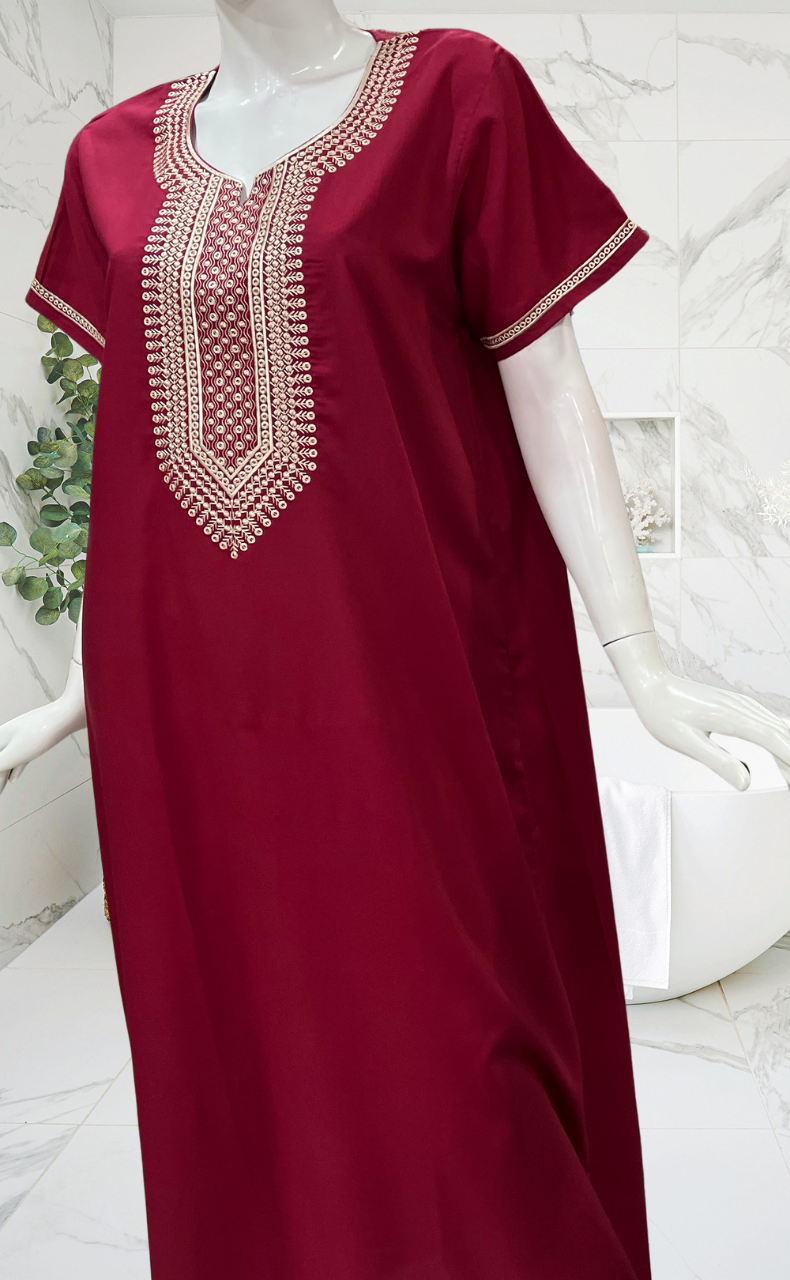 Maroon Embroidery Soft Cotton Nighty. Soft Breathable Fabric | Laces and Frills