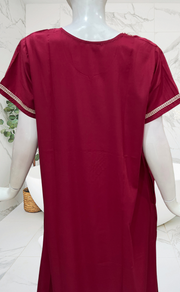 Maroon Embroidery Soft Cotton Nighty. Soft Breathable Fabric | Laces and Frills