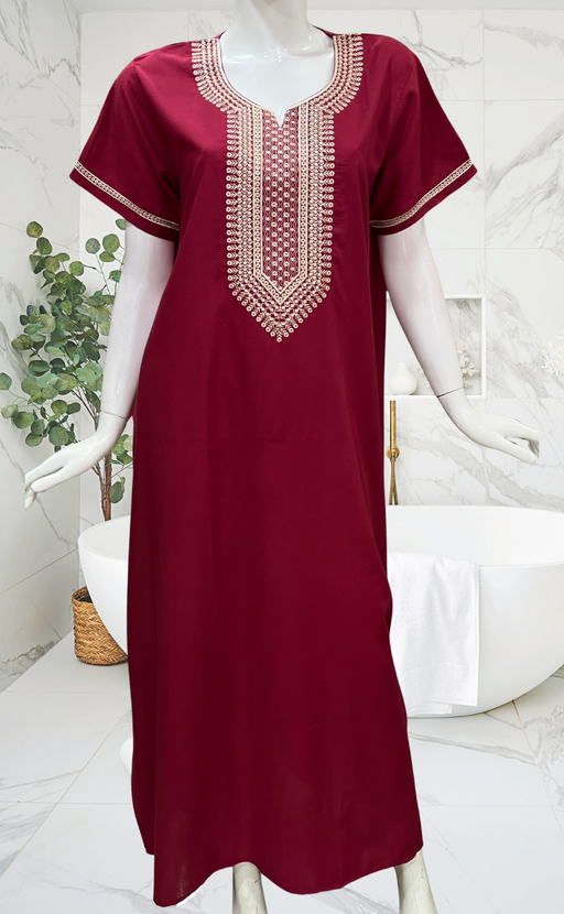 Maroon Embroidery Soft Cotton Nighty. Soft Breathable Fabric | Laces and Frills