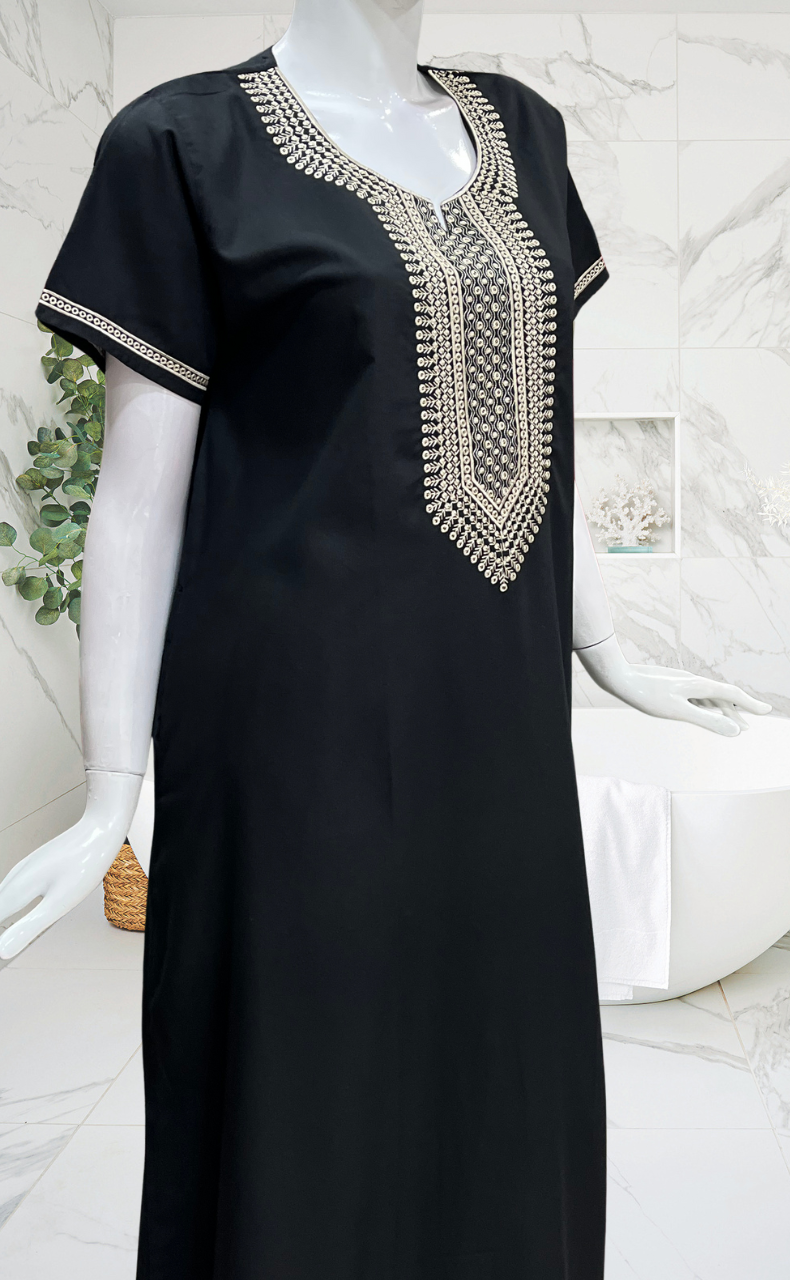 Black Embroidery Soft Cotton Nighty. Soft Breathable Fabric | Laces and Frills