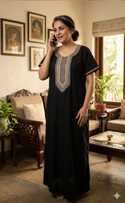 Black Embroidery Soft Cotton Nighty. Soft Breathable Fabric | Laces and Frills - Laces and Frills