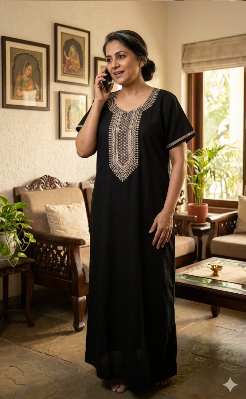 Black Embroidery Soft Cotton Nighty. Soft Breathable Fabric | Laces and Frills - Laces and Frills