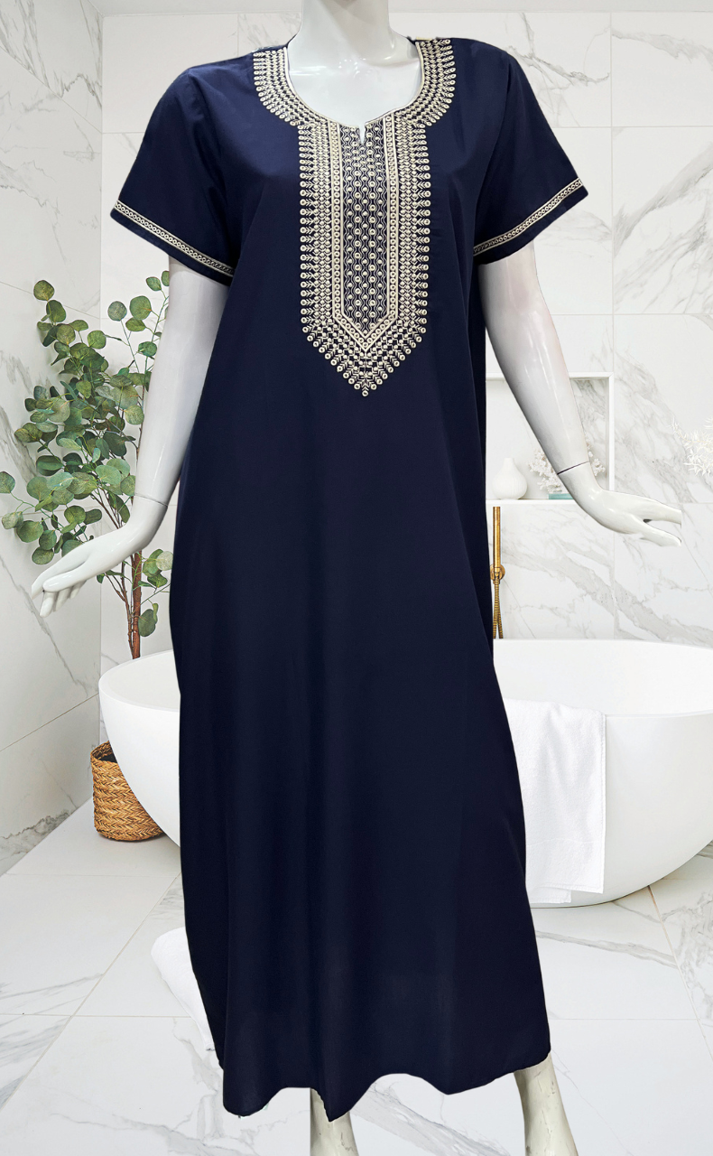 Navy Blue Embroidery Soft Cotton Nighty. Soft Breathable Fabric | Laces and Frills